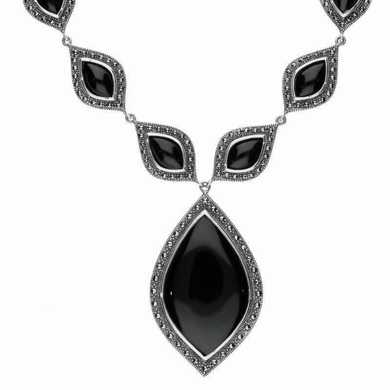 Sterling Silver Whitby Jet Marcasite Seventeen Pear Drop Necklace
