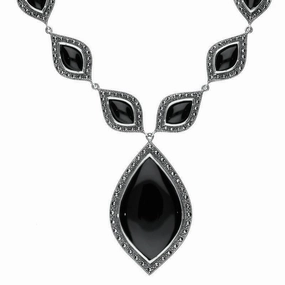 Sterling Silver Whitby Jet Marcasite Seventeen Pear Drop Necklace