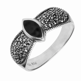 Sterling Silver Whitby Jet Marcasite Shoulder Ring