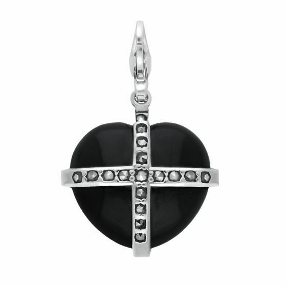 Sterling Silver Whitby Jet Marcasite Small Cross Heart Charm