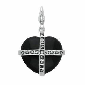 Sterling Silver Whitby Jet Marcasite Small Cross Heart Charm