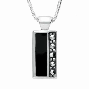 Sterling Silver Whitby Jet Marcasite Small Oblong Necklace