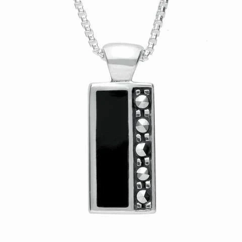 Sterling Silver Whitby Jet Marcasite Small Oblong Necklace