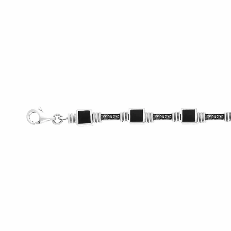 Sterling Silver Whitby Jet Marcasite Square Stone Bracelet