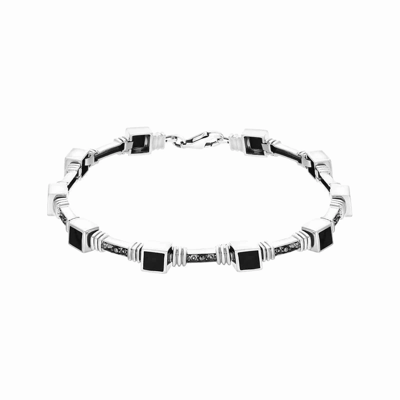 Sterling Silver Whitby Jet Marcasite Square Stone Bracelet