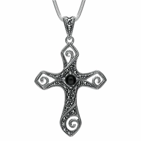 Sterling Silver Whitby Jet Marcasite Swirl Cross Necklace