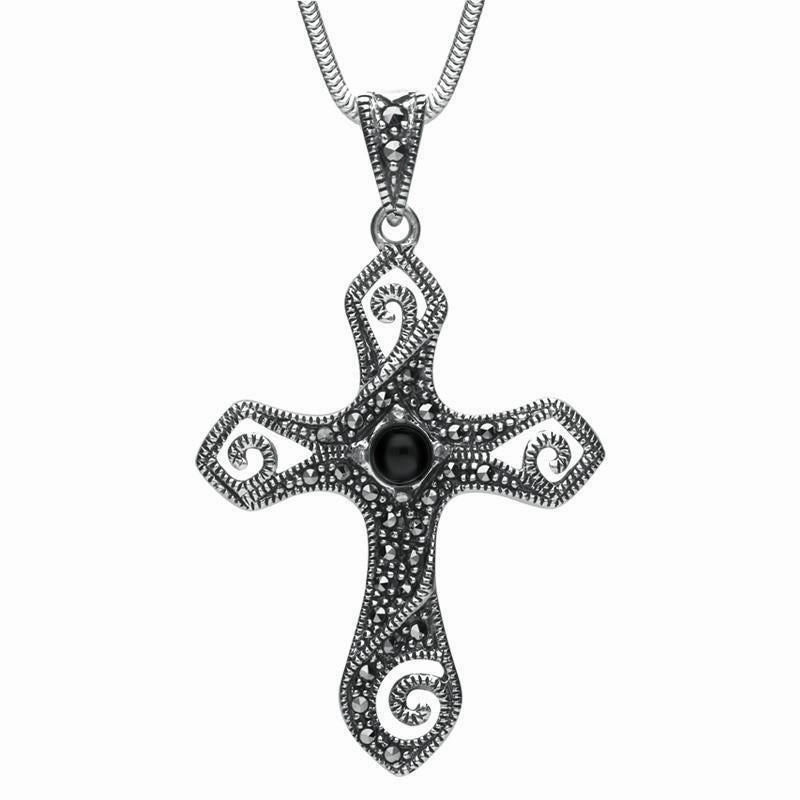 Sterling Silver Whitby Jet Marcasite Swirl Cross Necklace