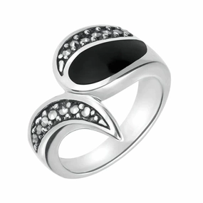 Sterling Silver Whitby Jet Marcasite Teardrop Shaped Ring