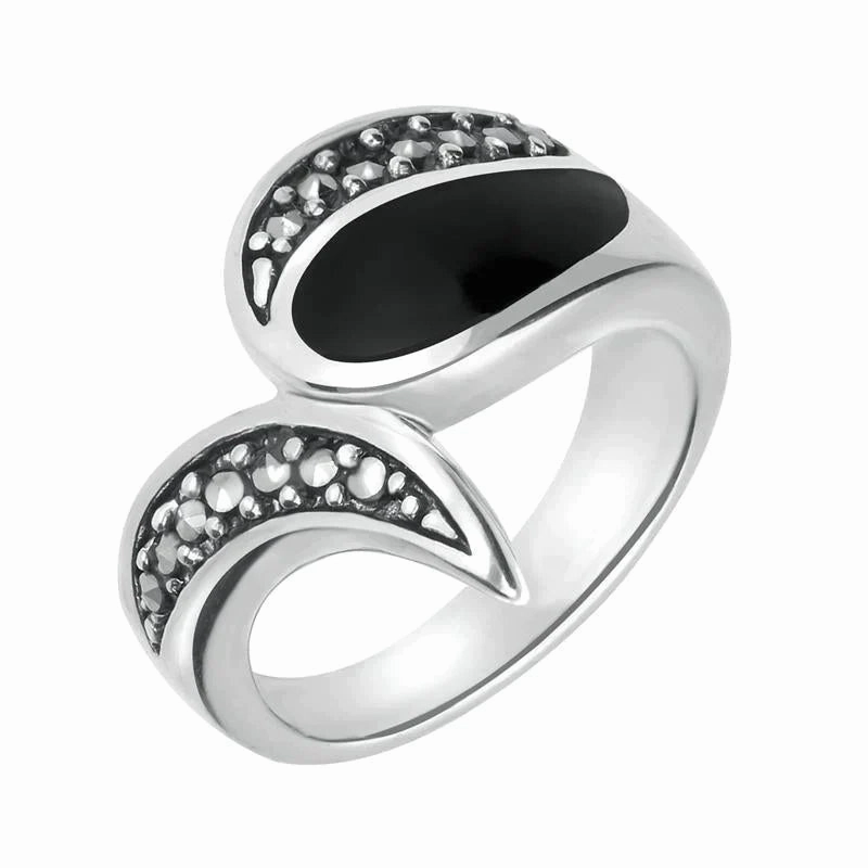 Sterling Silver Whitby Jet Marcasite Teardrop Shaped Ring