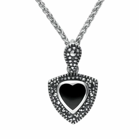 Sterling Silver Whitby Jet Marcasite Triangle Heart Necklace