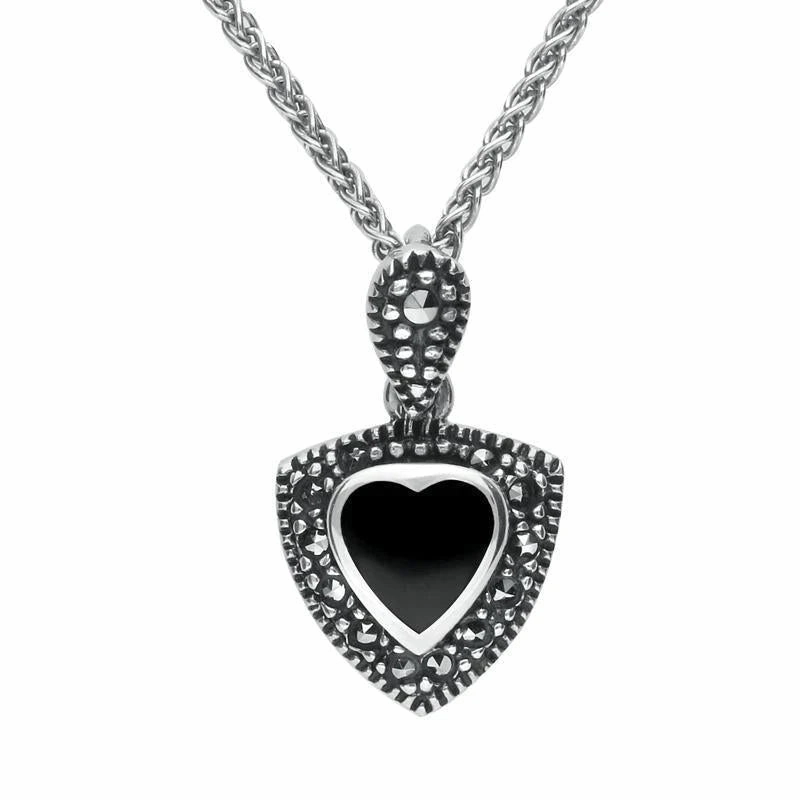 Sterling Silver Whitby Jet Marcasite Triangle Heart Necklace