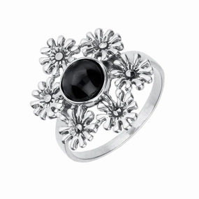 Sterling Silver Whitby Jet Marcasite Vintage 6 Flower Petal Ring