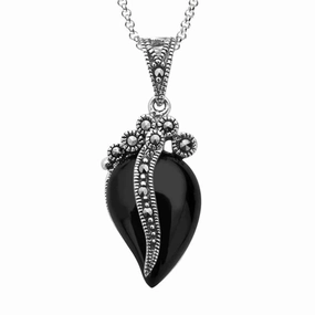 Sterling Silver Whitby Jet Marcasite Wave Bail Pear Necklace