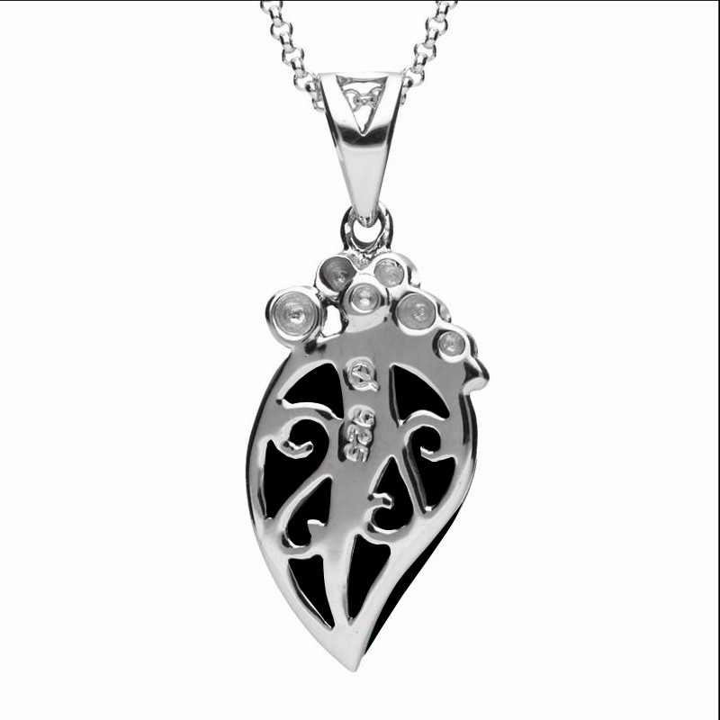 Sterling Silver Whitby Jet Marcasite Wave Bail Pear Necklace
