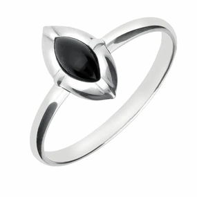 Sterling Silver Whitby Jet Marquise Beaded Edge Ring