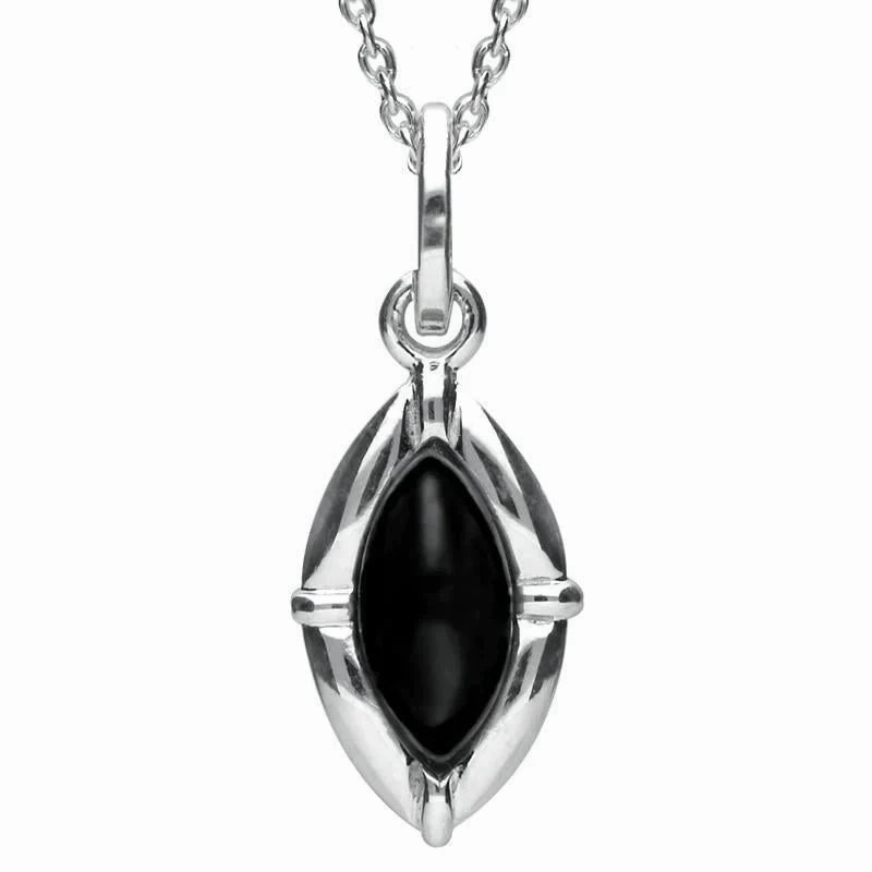 Sterling Silver Whitby Jet Marquise Beaded Edge Two Piece Set
