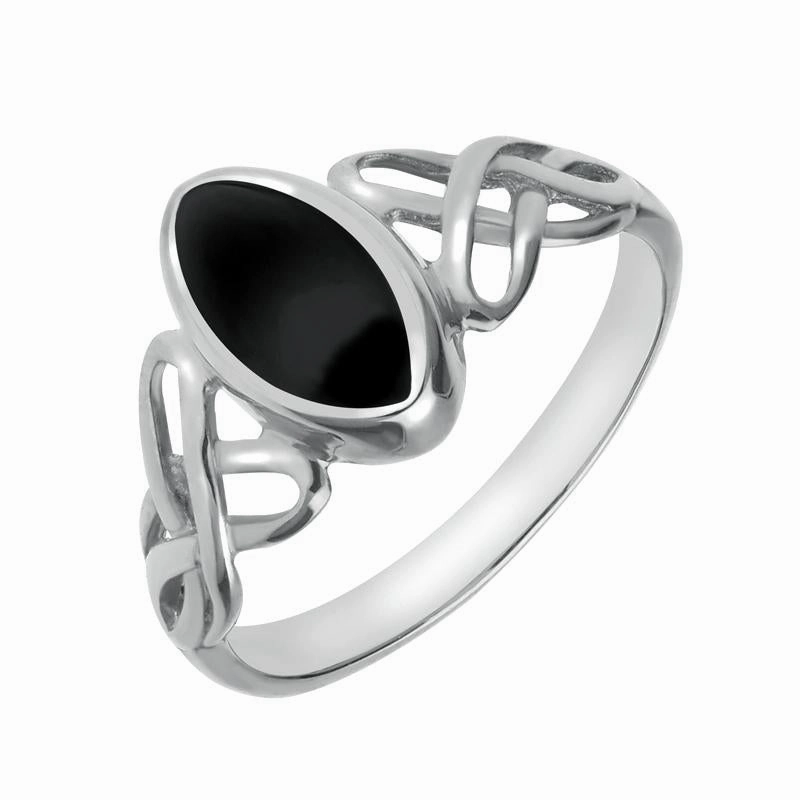 Sterling Silver Whitby Jet Marquise Celtic Ring