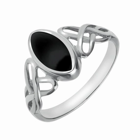 Sterling Silver Whitby Jet Marquise Celtic Ring