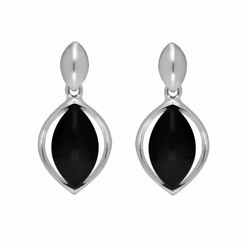 Sterling Silver Whitby Jet Marquise Centre Drop Earrings