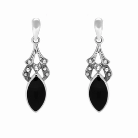 Sterling Silver Whitby Jet Marquise Drop Earrings