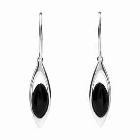 Sterling Silver Whitby Jet Marquise Open Drop Hook Earrings