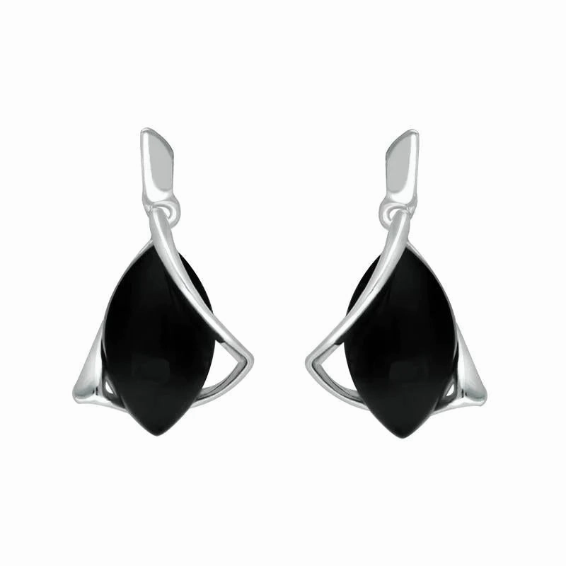 Sterling Silver Whitby Jet Marquise Open Twist Edge Drop Earrings