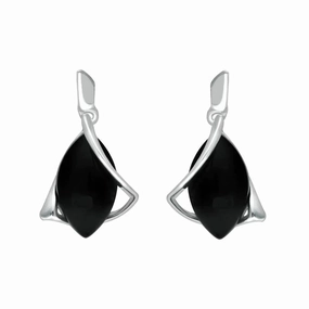 Sterling Silver Whitby Jet Marquise Open Twist Edge Drop Earrings