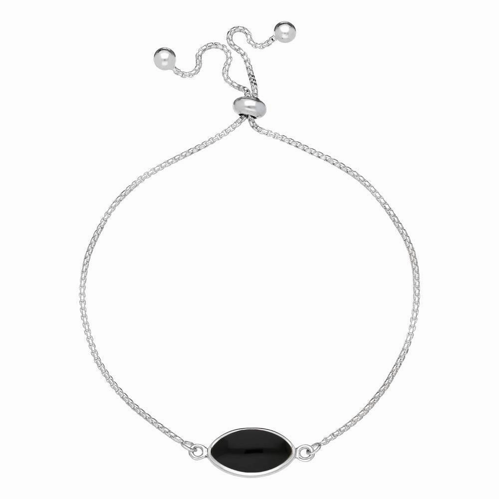 Sterling Silver Whitby Jet Marquise Stone Adjustable Bracelet