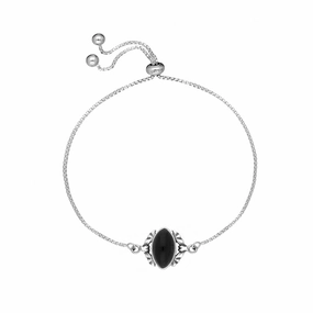 Sterling Silver Whitby Jet Marquise Stone Bat Adjustable Bracelet
