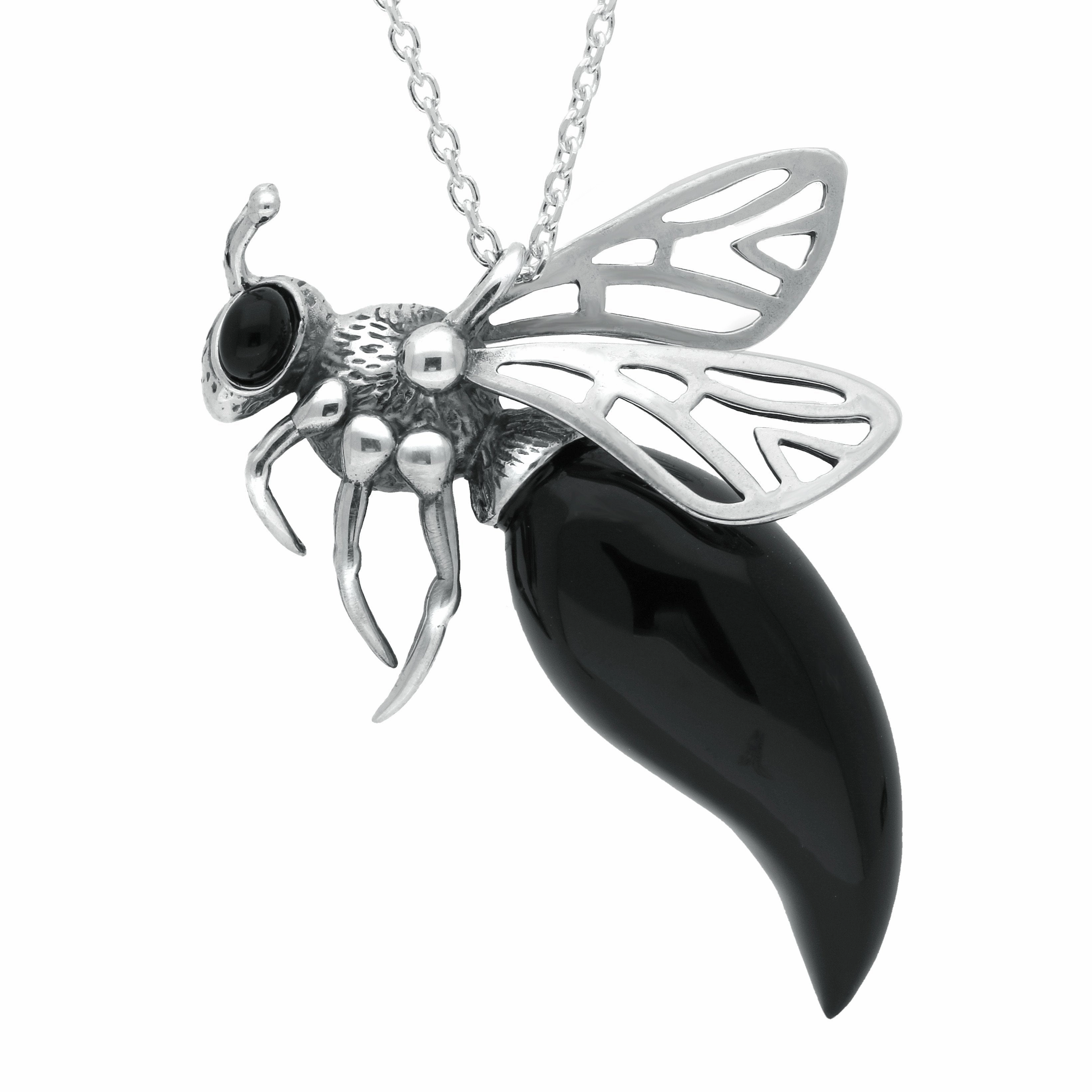 Sterling Silver Whitby Jet Medium Honey Bee Necklace