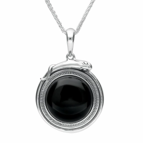 Sterling Silver Whitby Jet Medium Round Snake Edge Necklace