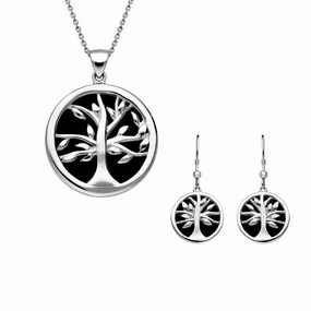 Sterling Silver Whitby Jet Medium Round Tree of Life Two Piece Set