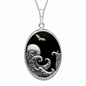 Sterling Silver Whitby Jet Moon Waves Bat Oval Necklace