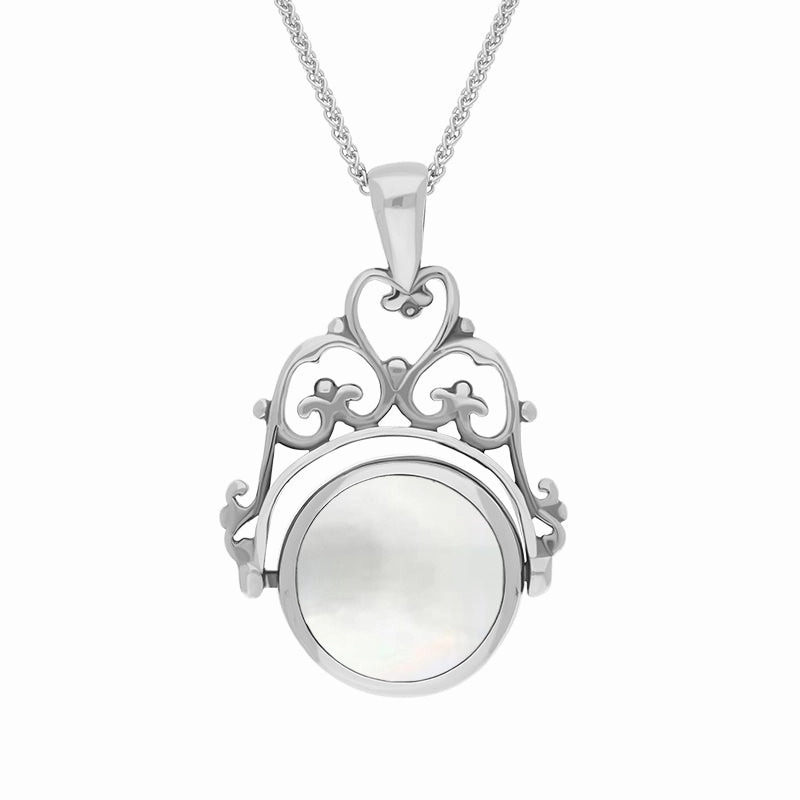 Sterling Silver Whitby Jet Mother Of Pearl Double Sided Round Swivel Fob Necklace