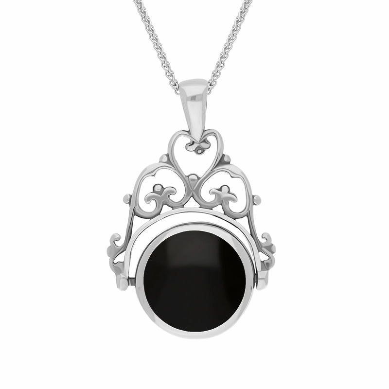 Sterling Silver Whitby Jet Mother Of Pearl Double Sided Round Swivel Fob Necklace