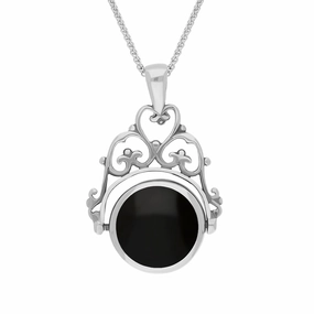 Sterling Silver Whitby Jet Mother Of Pearl Double Sided Round Swivel Fob Necklace