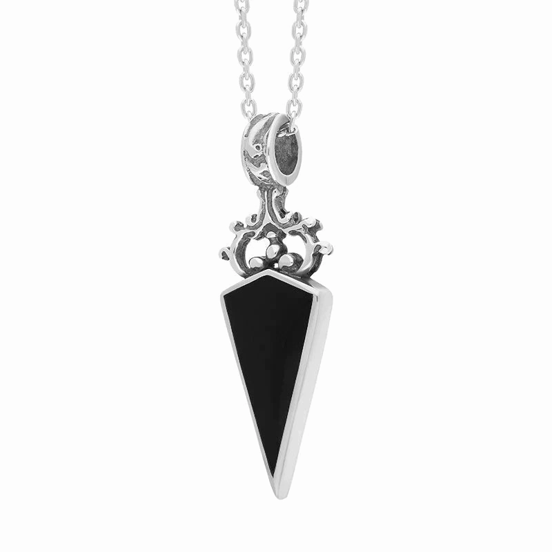 Sterling Silver Whitby Jet Mother Of Pearl Double Sided Scroll Dagger Fob Necklace