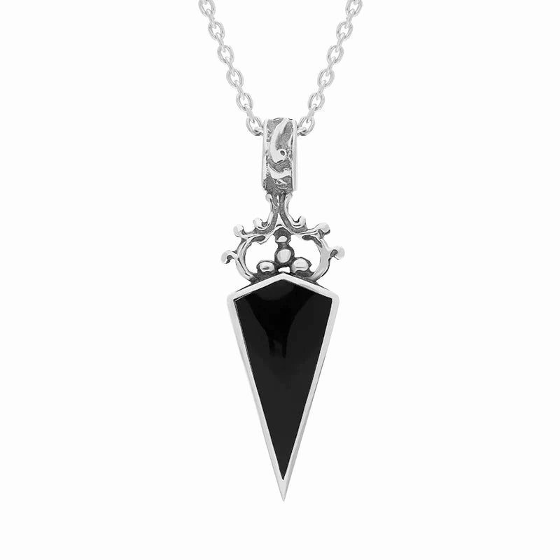 Sterling Silver Whitby Jet Mother Of Pearl Double Sided Scroll Dagger Fob Necklace