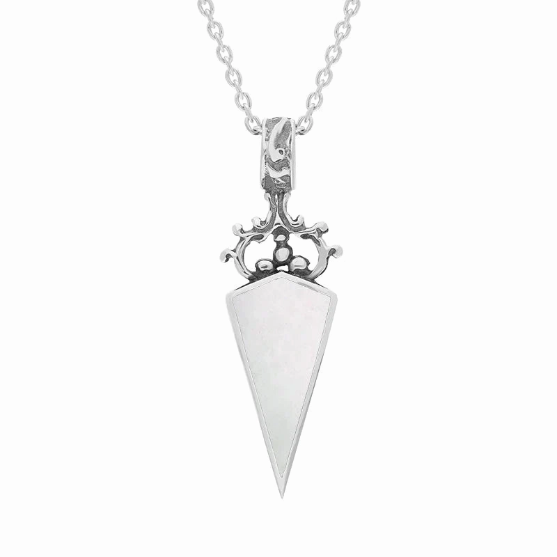 Sterling Silver Whitby Jet Mother Of Pearl Double Sided Scroll Dagger Fob Necklace