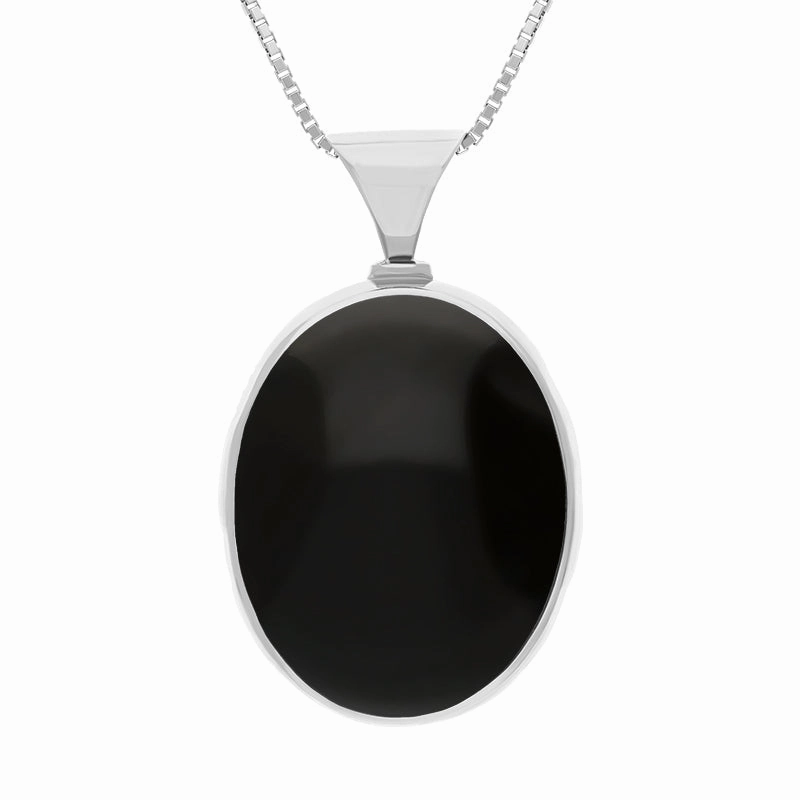 Sterling Silver Whitby Jet Mother of Pearl King's Coronation Hallmark Double Sided Oval Necklace D