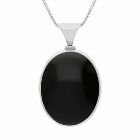 Sterling Silver Whitby Jet Mother of Pearl King's Coronation Hallmark Double Sided Oval Necklace D
