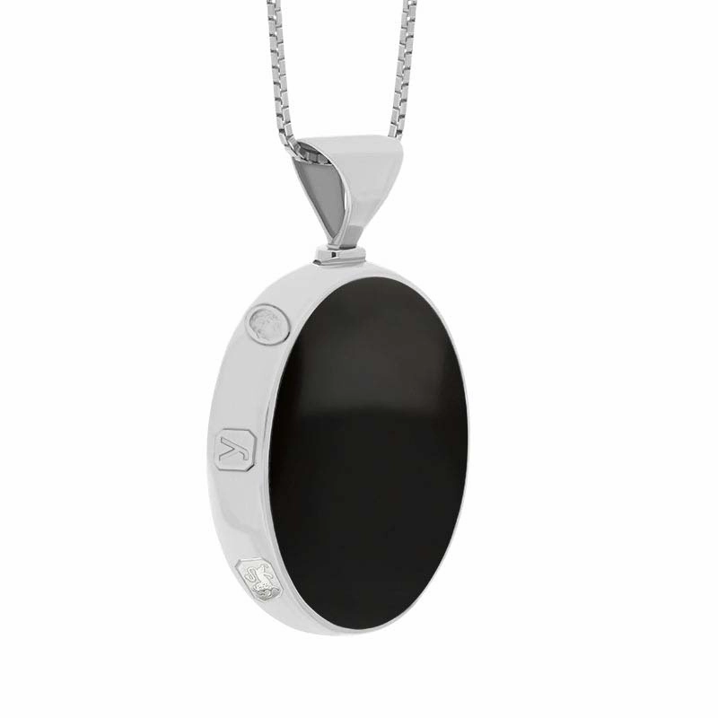 Sterling Silver Whitby Jet Mother of Pearl King's Coronation Hallmark Double Sided Oval Necklace D