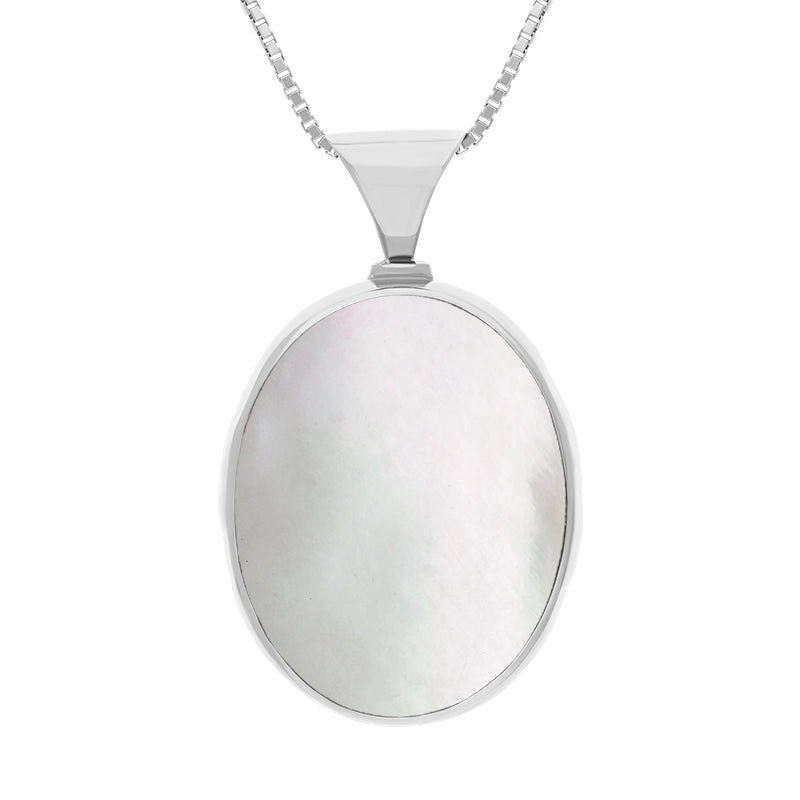 Sterling Silver Whitby Jet Mother of Pearl King's Coronation Hallmark Double Sided Oval Necklace D