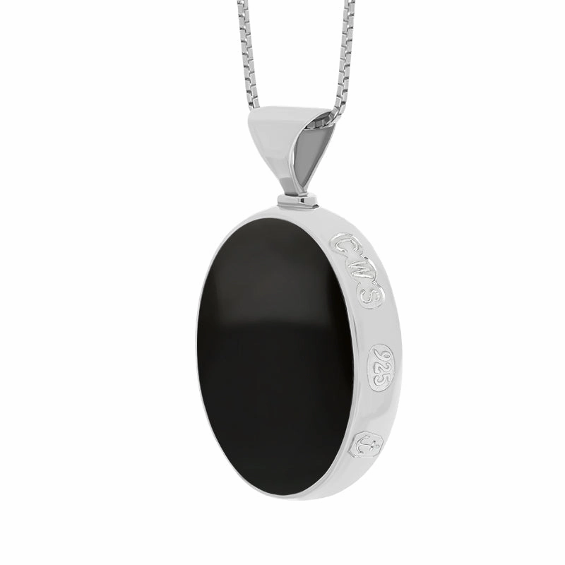 Sterling Silver Whitby Jet Mother of Pearl King's Coronation Hallmark Double Sided Oval Necklace D