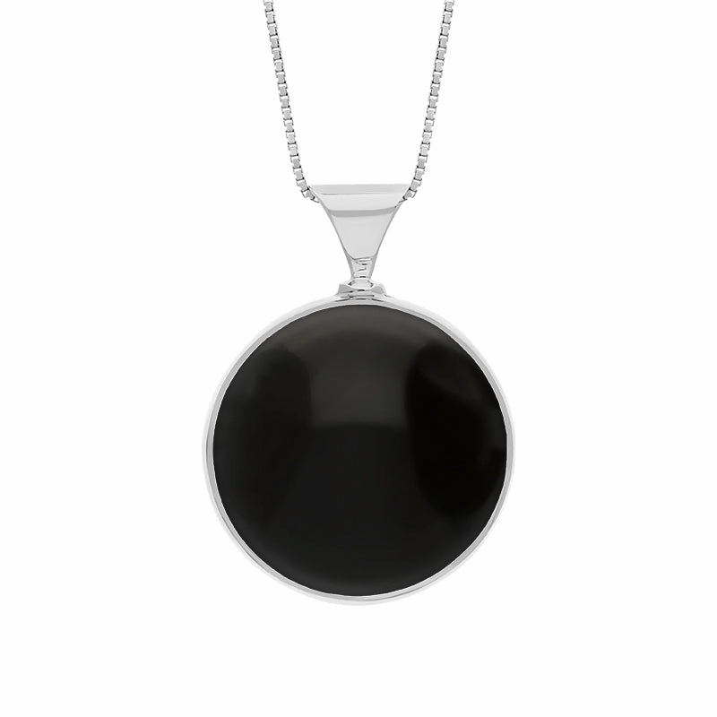 Sterling Silver Whitby Jet Mother of Pearl King's Coronation Hallmark Double Sided Round Necklace D
