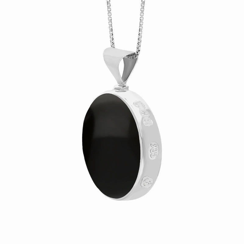 Sterling Silver Whitby Jet Mother of Pearl King's Coronation Hallmark Double Sided Round Necklace D