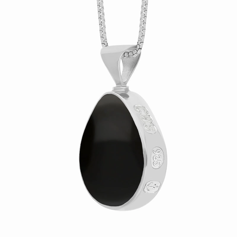 Sterling Silver Whitby Jet Mother of Pearl Queens Jubilee Hallmark Double Sided Pear-shaped Necklace D