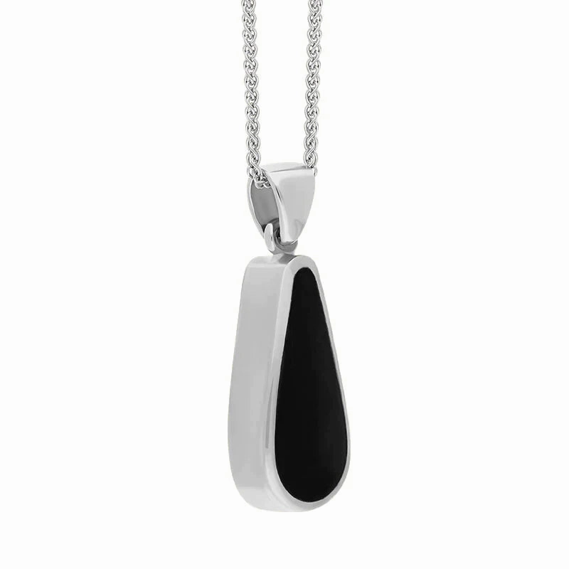 Sterling Silver Whitby Jet Mother Of Pearl Small Double Sided Pear Cut Fob Necklace