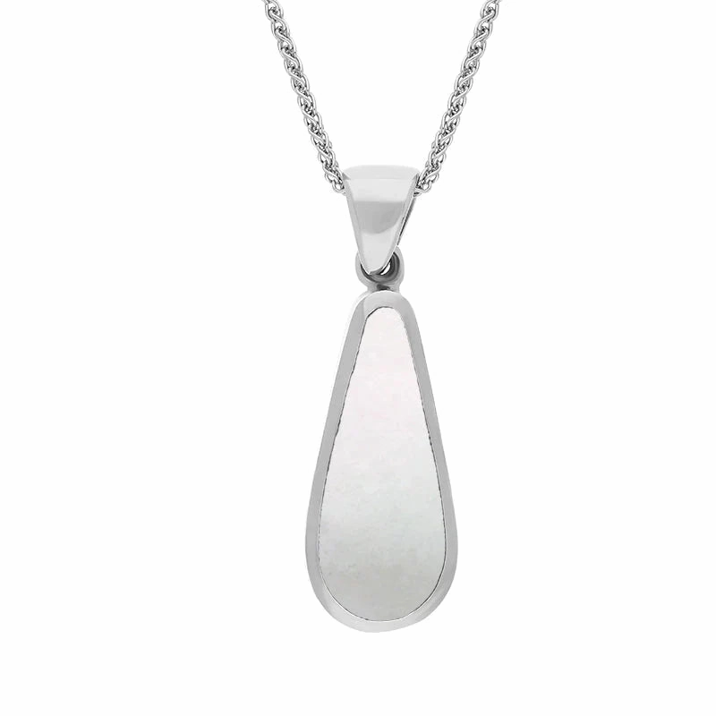 Sterling Silver Whitby Jet Mother Of Pearl Small Double Sided Pear Cut Fob Necklace