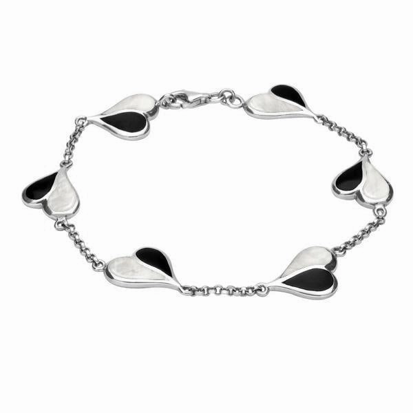 Sterling Silver Whitby Jet Mother of Pearl Split Heart Bracelet